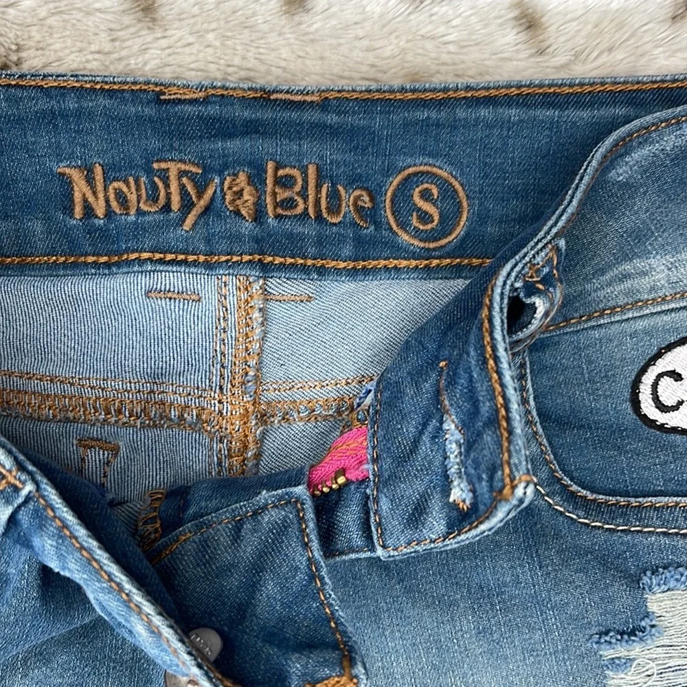 Nauty Blue Distressed Denim Shorts Light Wash Girls Size Small S Patches